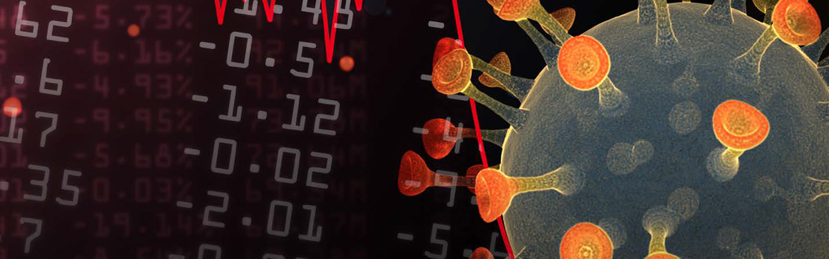 A graphic depicting the COVID-19 virus and its impact on global markets