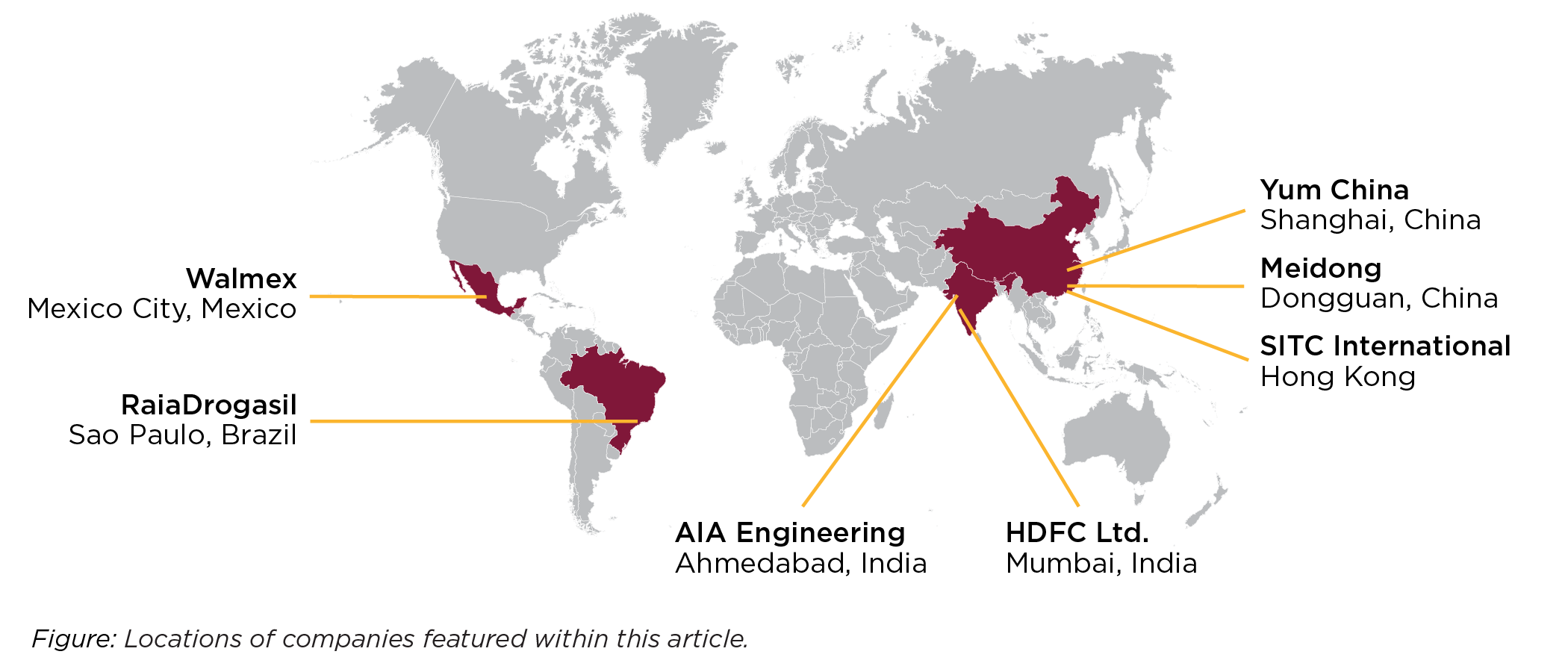World map highlighting the locations of the companies featured in this article.
