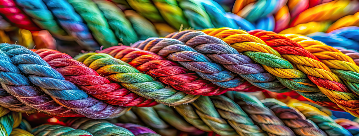 Close-up of colorful intertwined ropes with rich textures and intricate twists against a blurred background